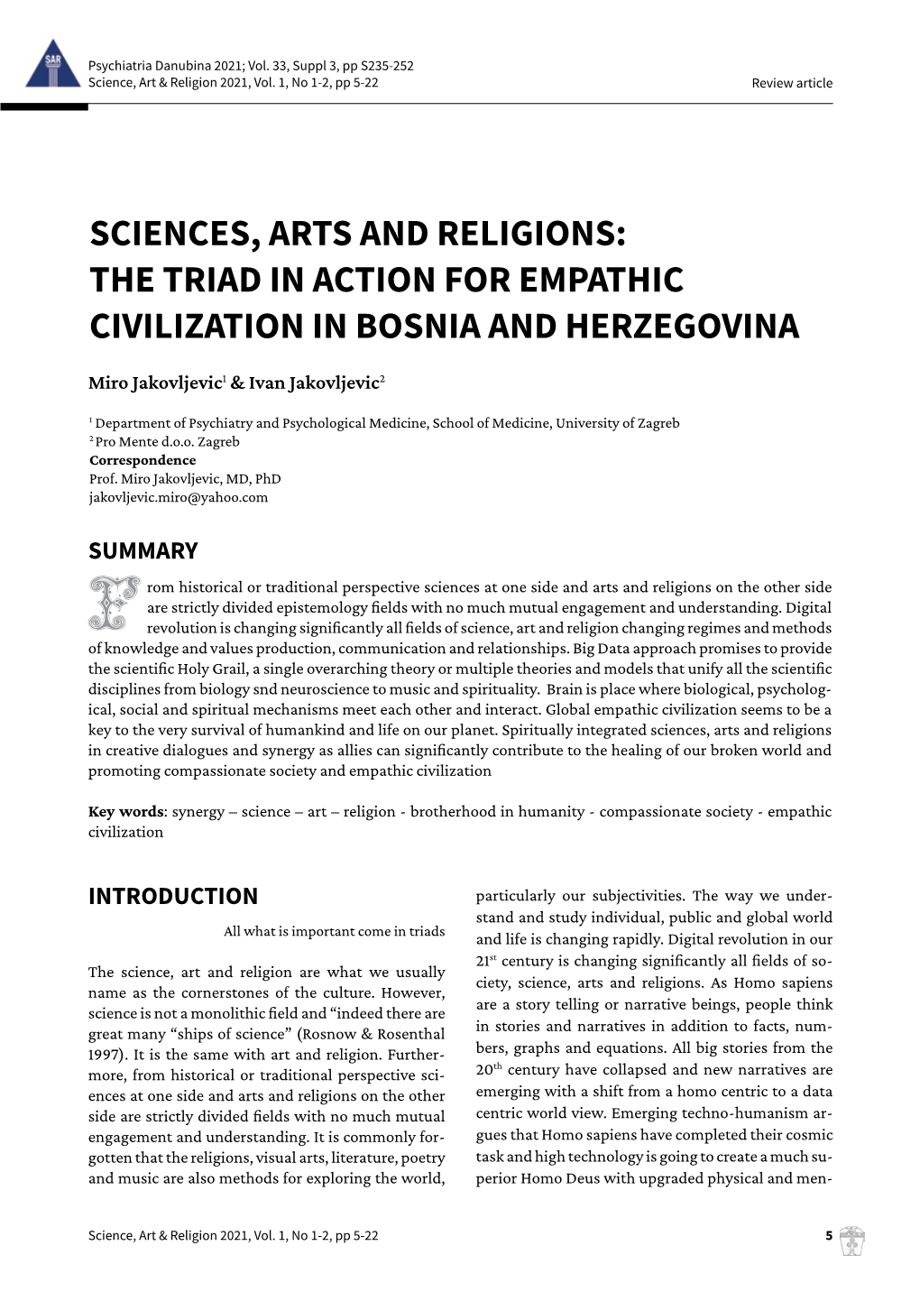 Sciences, Arts and Religions: the Triad in Action for Empathic Civilization in Bosnia and Herzegovina