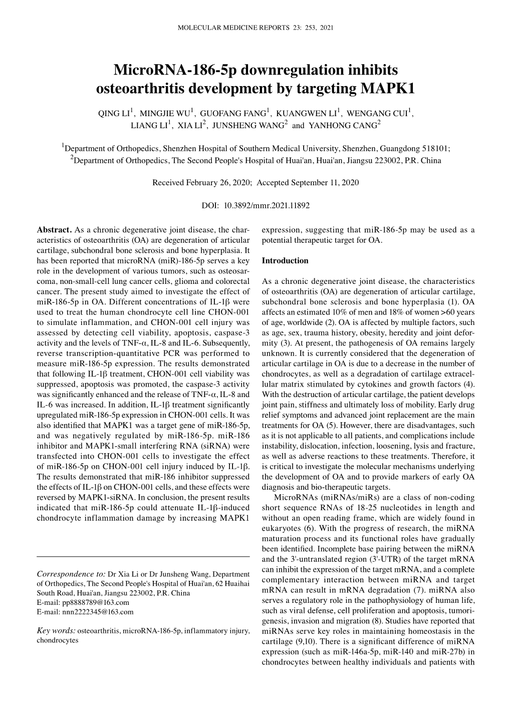 Microrna‑186‑5P Downregulation Inhibits Osteoarthritis Development by Targeting MAPK1