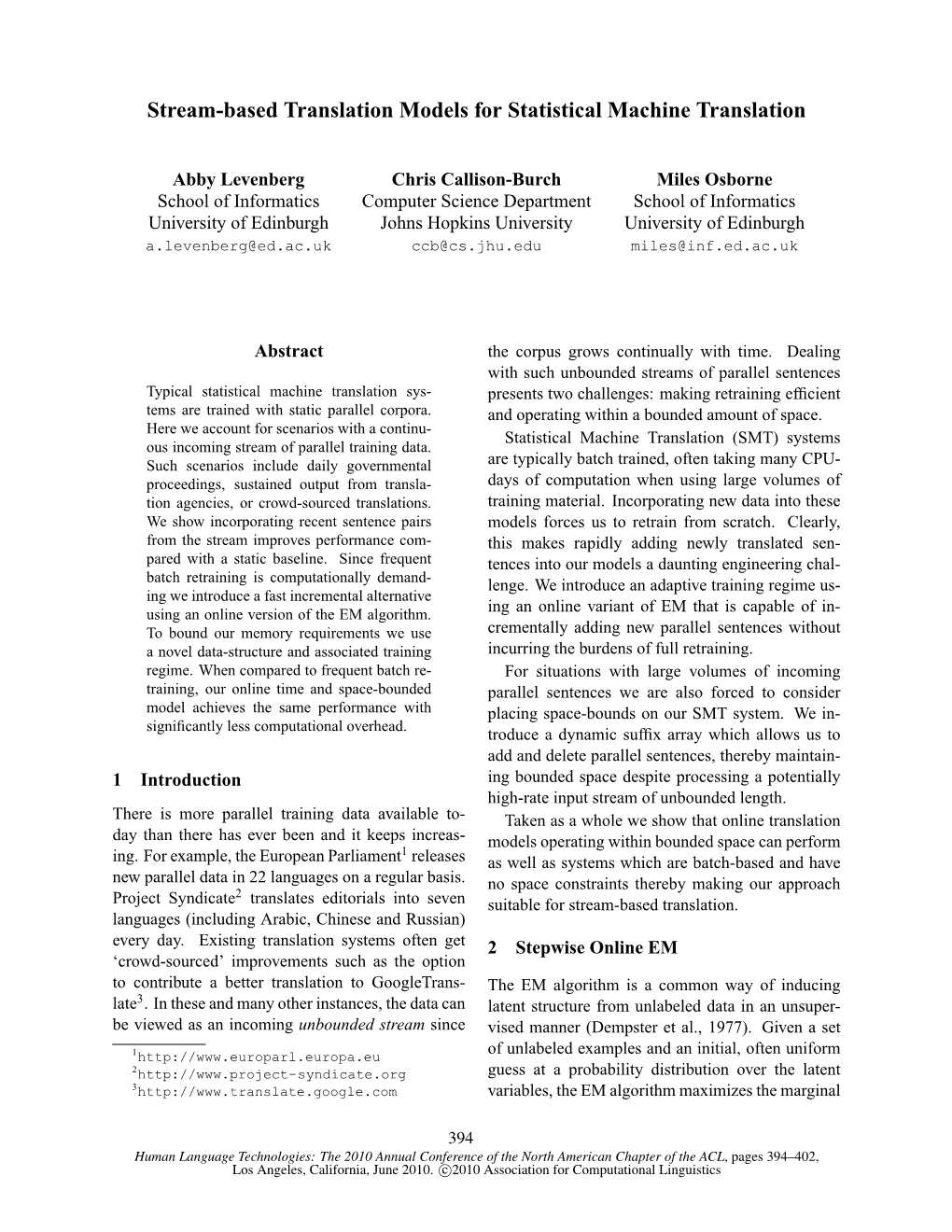 Stream-Based Translation Models for Statistical Machine Translation