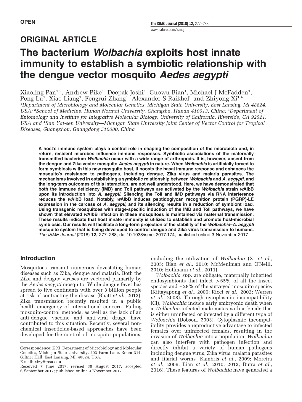 The Bacterium Wolbachia Exploits Host Innate Immunity to Establish a Symbiotic Relationship with the Dengue Vector Mosquito Aedes Aegypti