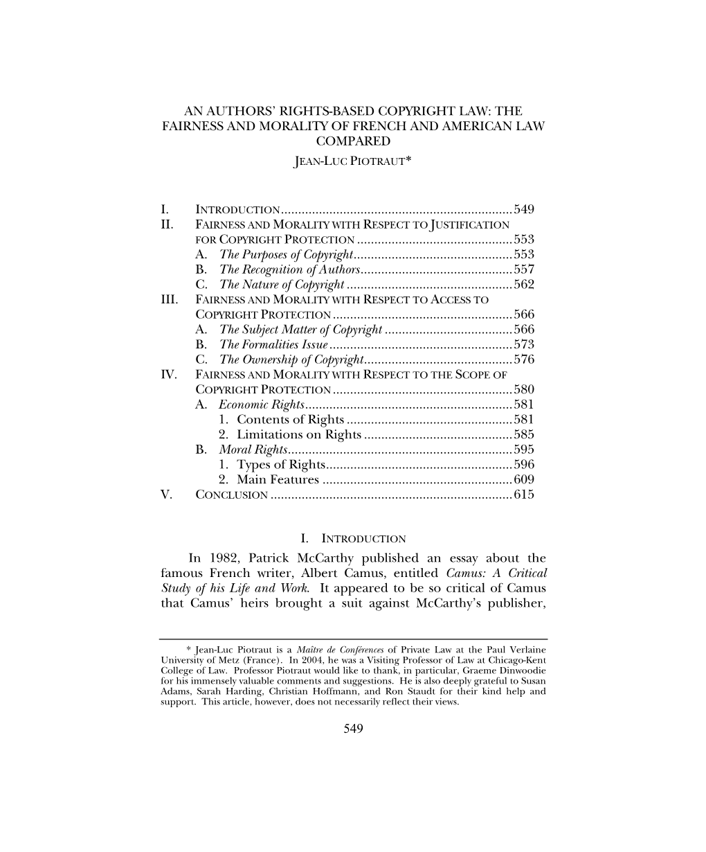 The Fairness and Morality of French and American Law Compared Jean-Luc Piotraut*