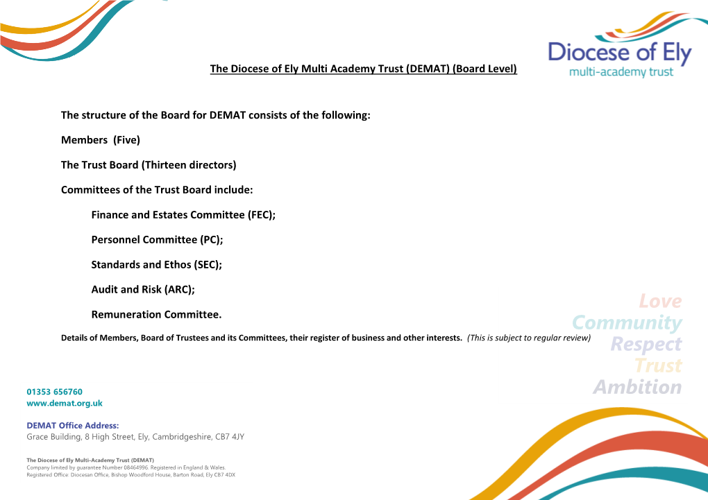 The Diocese of Ely Multi Academy Trust (DEMAT) (Board Level) the Structure of the Board for DEMAT Consists of the Following