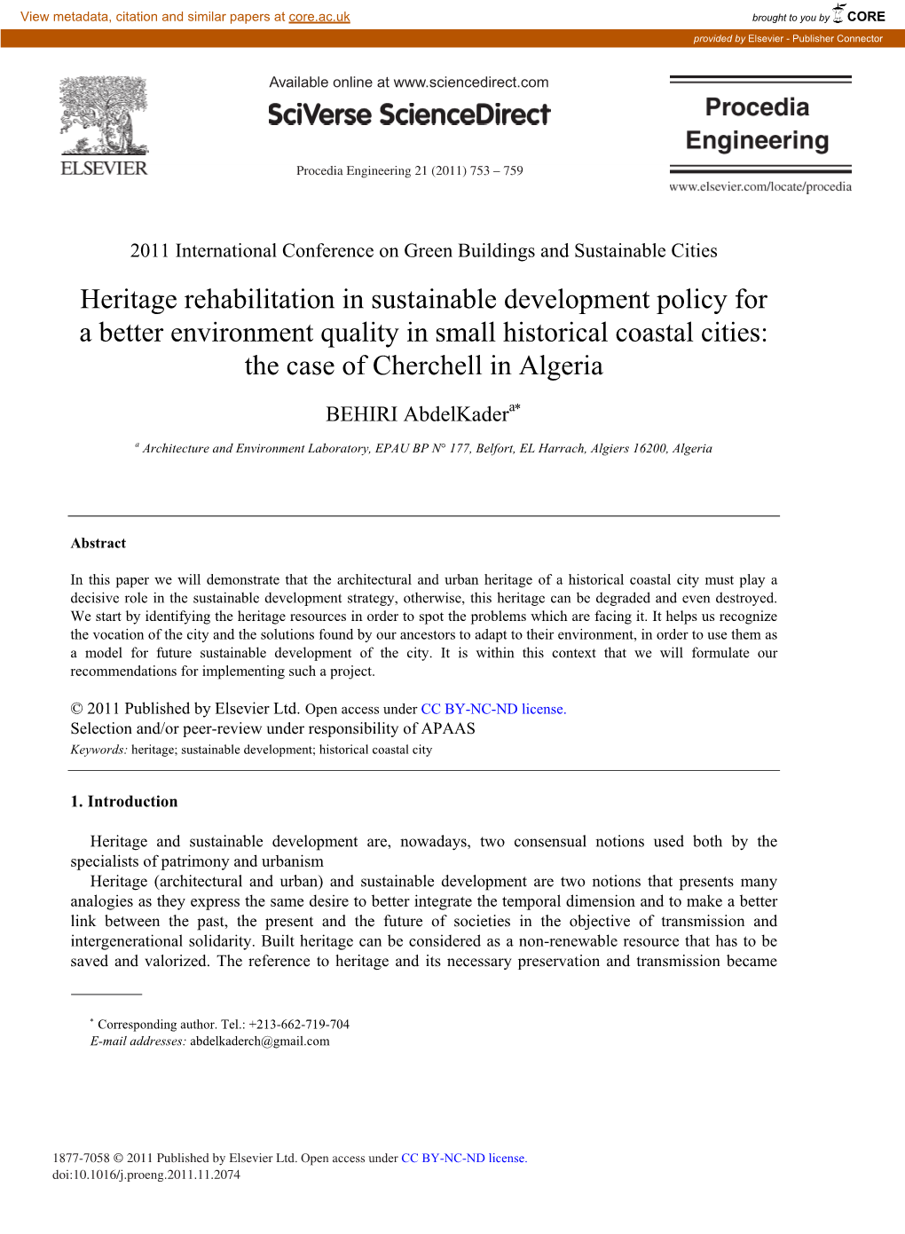 Heritage Rehabilitation in Sustainable Development Policy for a Better Environment Quality in Small Historical Coastal Cities: the Case of Cherchell in Algeria