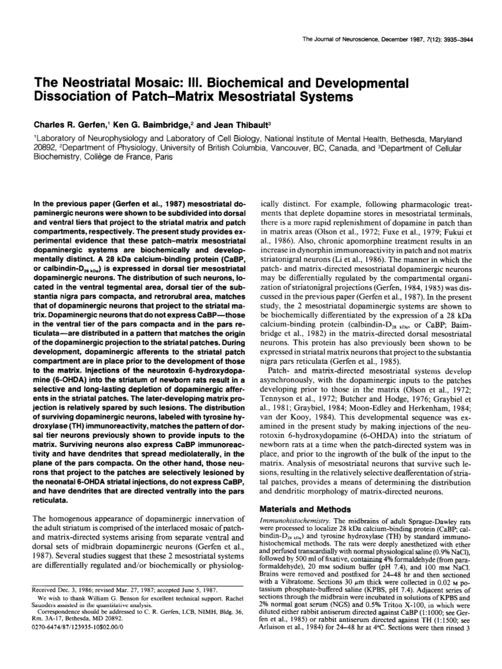 III. Biochemical and Developmental Dissociation of Patch-Matrix Mesostriatal Systems