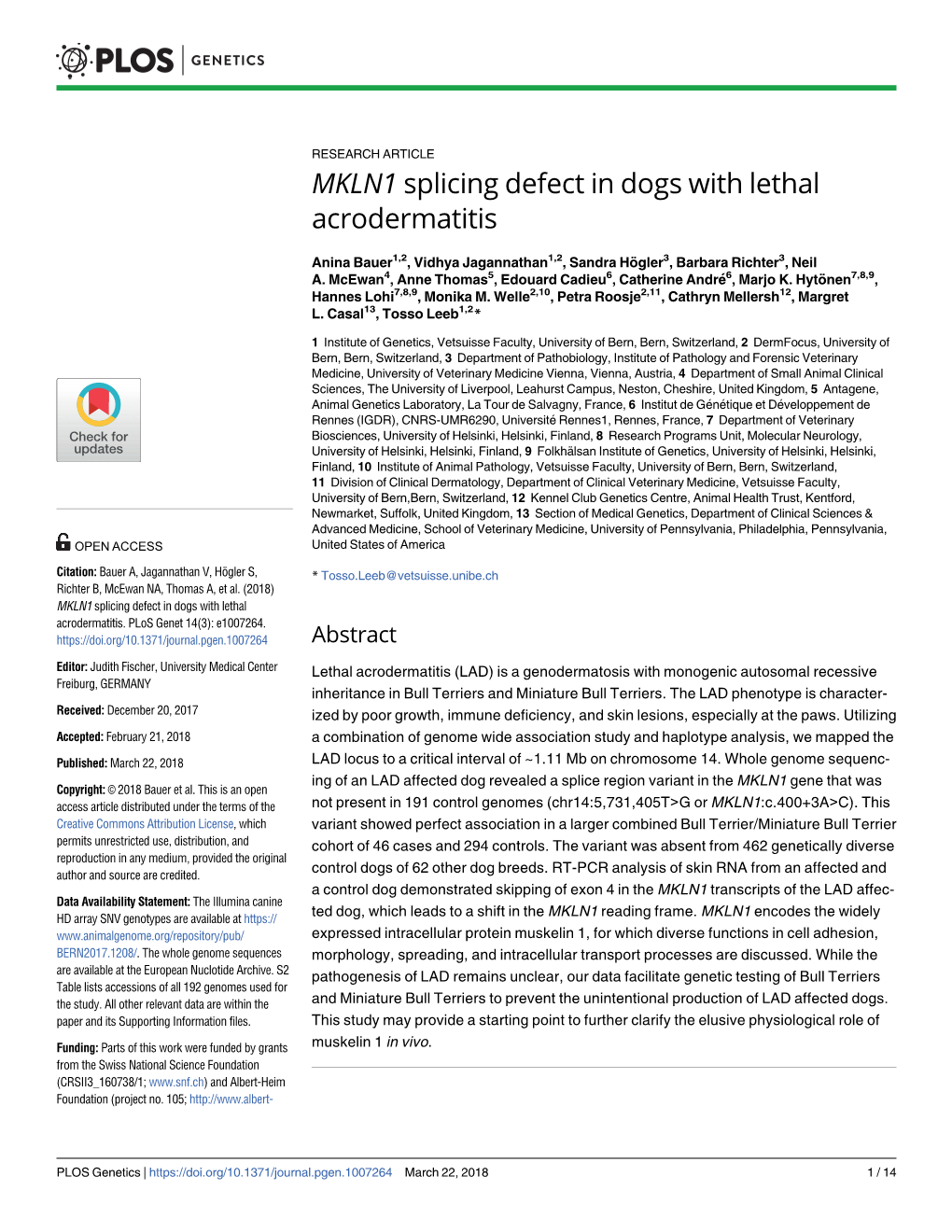 MKLN1 Splicing Defect in Dogs with Lethal Acrodermatitis