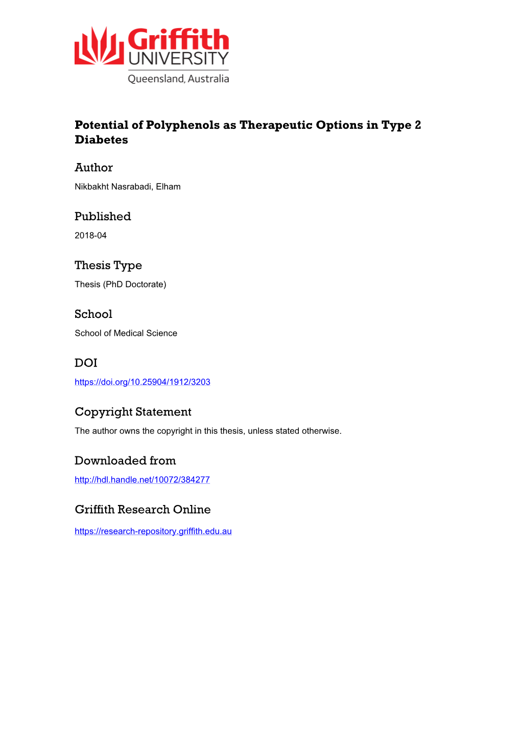 Potential of Polyphenols As Therapeutic Options in Type 2 Diabetes Elham Nikbakht