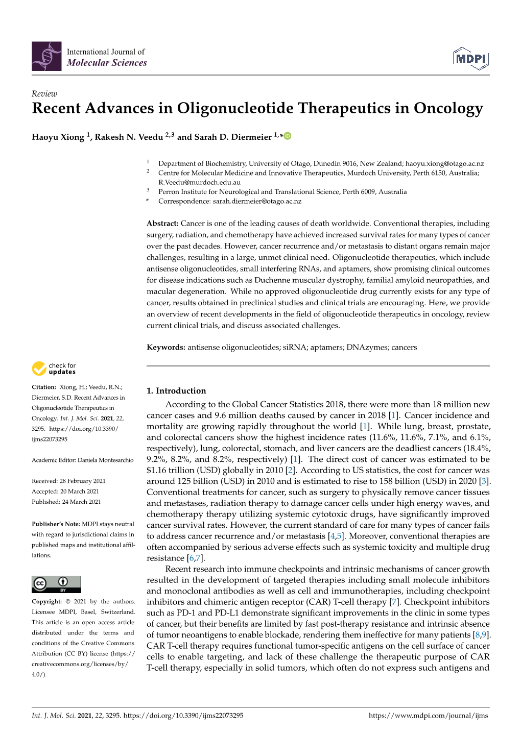 Recent Advances in Oligonucleotide Therapeutics in Oncology