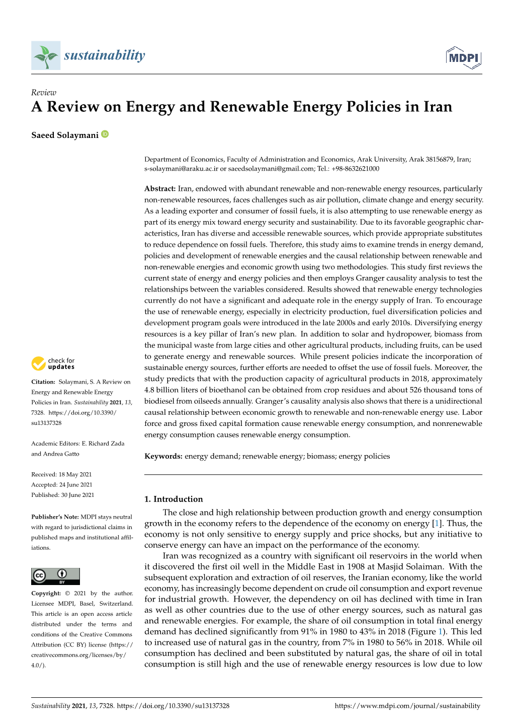 A Review on Energy and Renewable Energy Policies in Iran