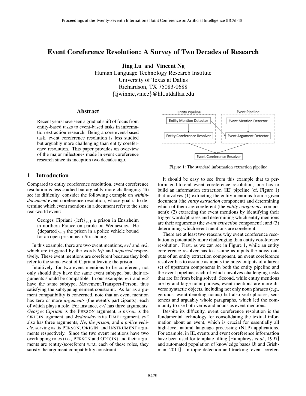 Event Coreference Resolution: a Survey of Two Decades of Research