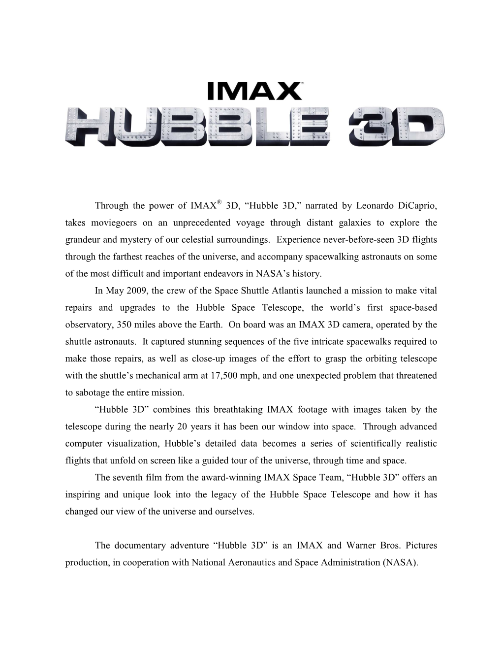 HUBBLE 3D Production Notes 2 24 10