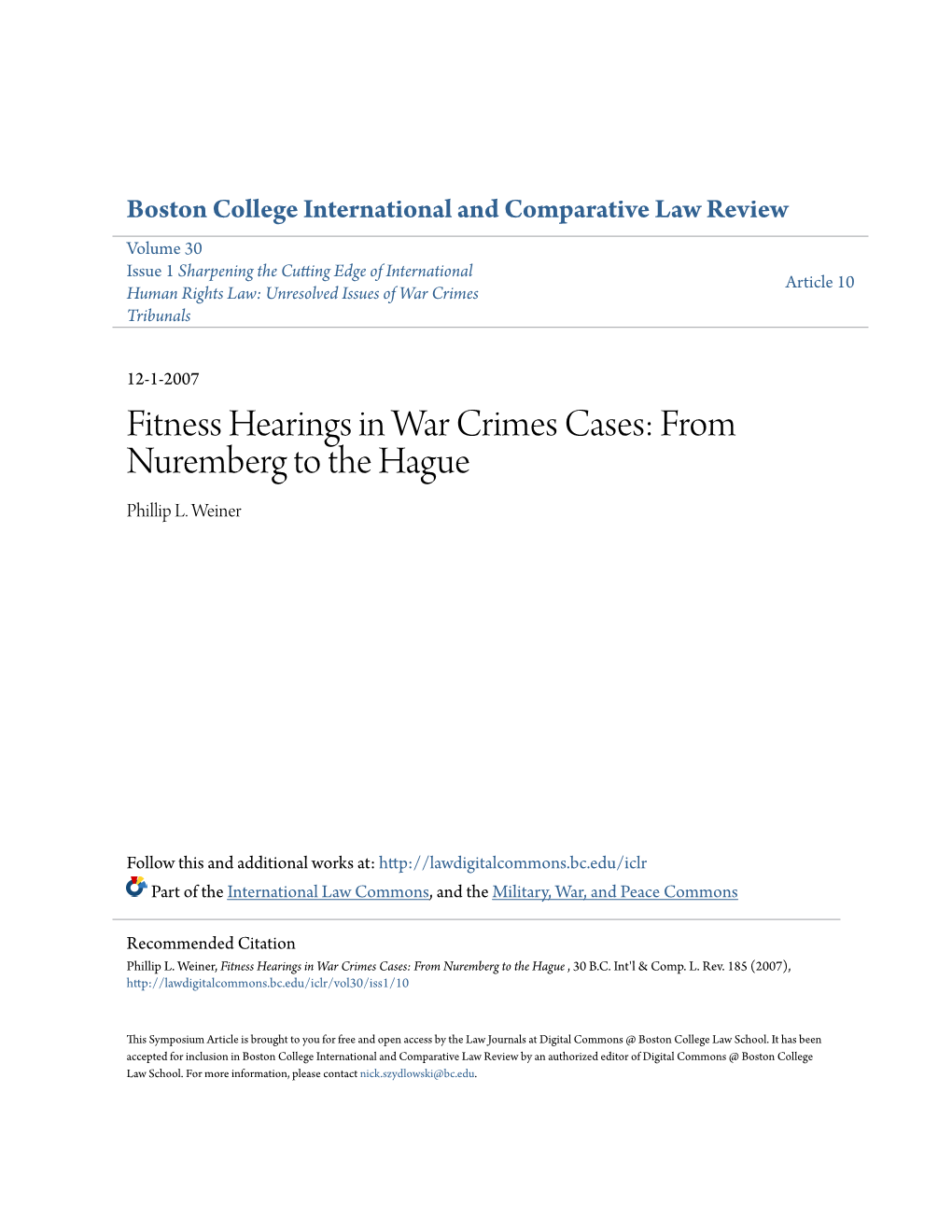 Fitness Hearings in War Crimes Cases: from Nuremberg to the Hague Phillip L