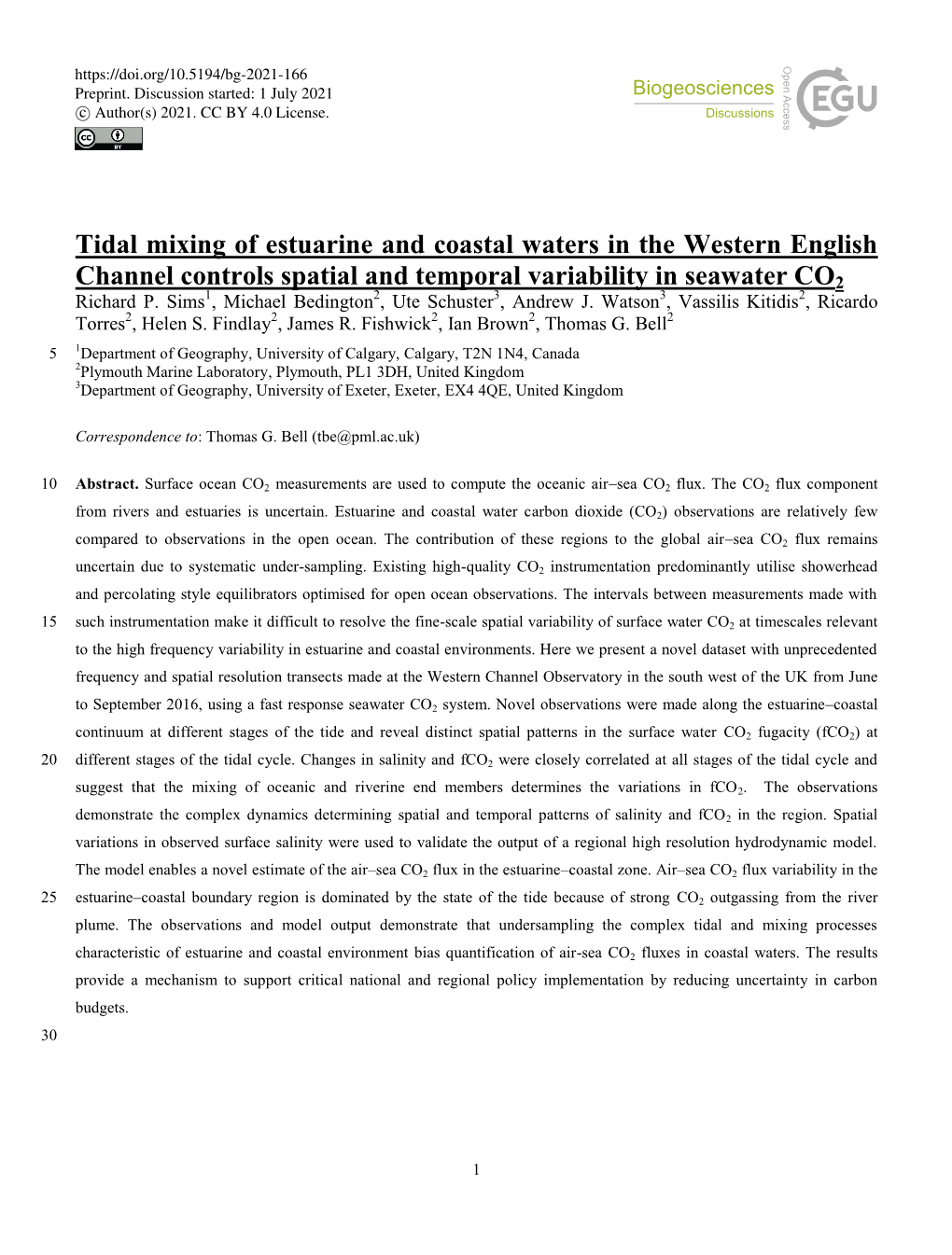Tidal Mixing of Estuarine and Coastal Waters in the Western English Channel Controls Spatial and Temporal Variability in Seawater CO2 Richard P
