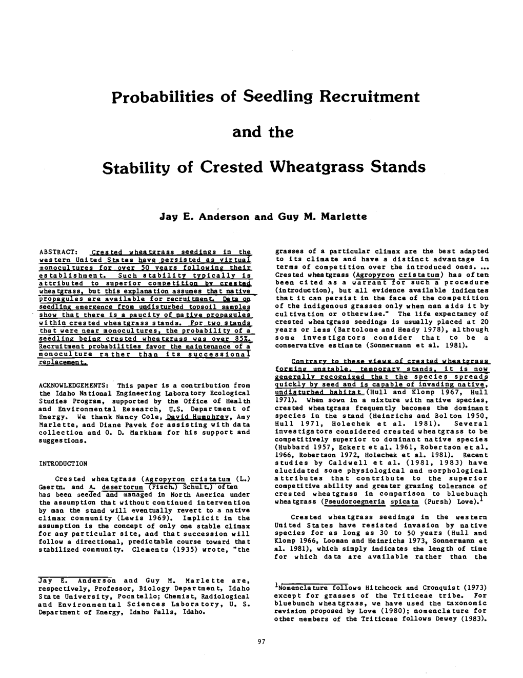 And the Stability of Crested Wheatgrass Stands