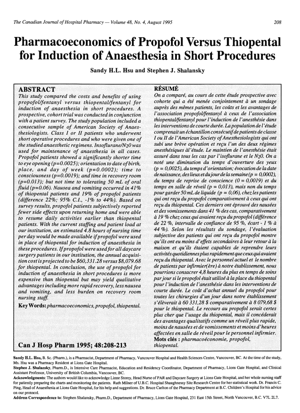 Pharmacoeconomics of Propofol Versus Thiopental for Induction Of