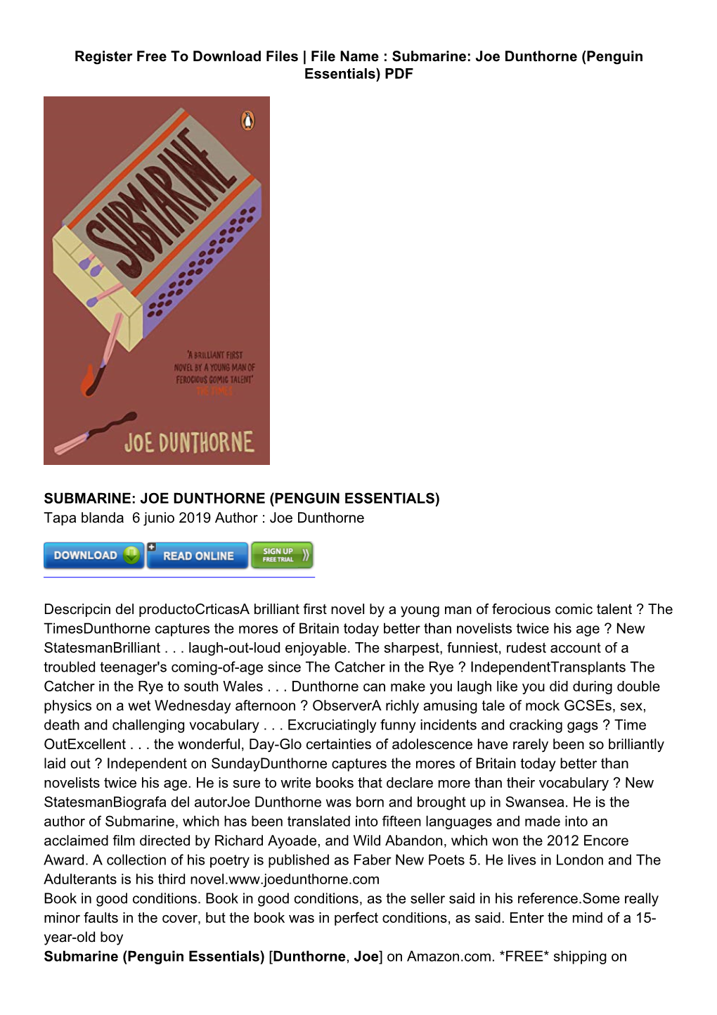 [ZCQ]? Livre Gratis Submarine: Joe Dunthorne (Penguin Essentials)