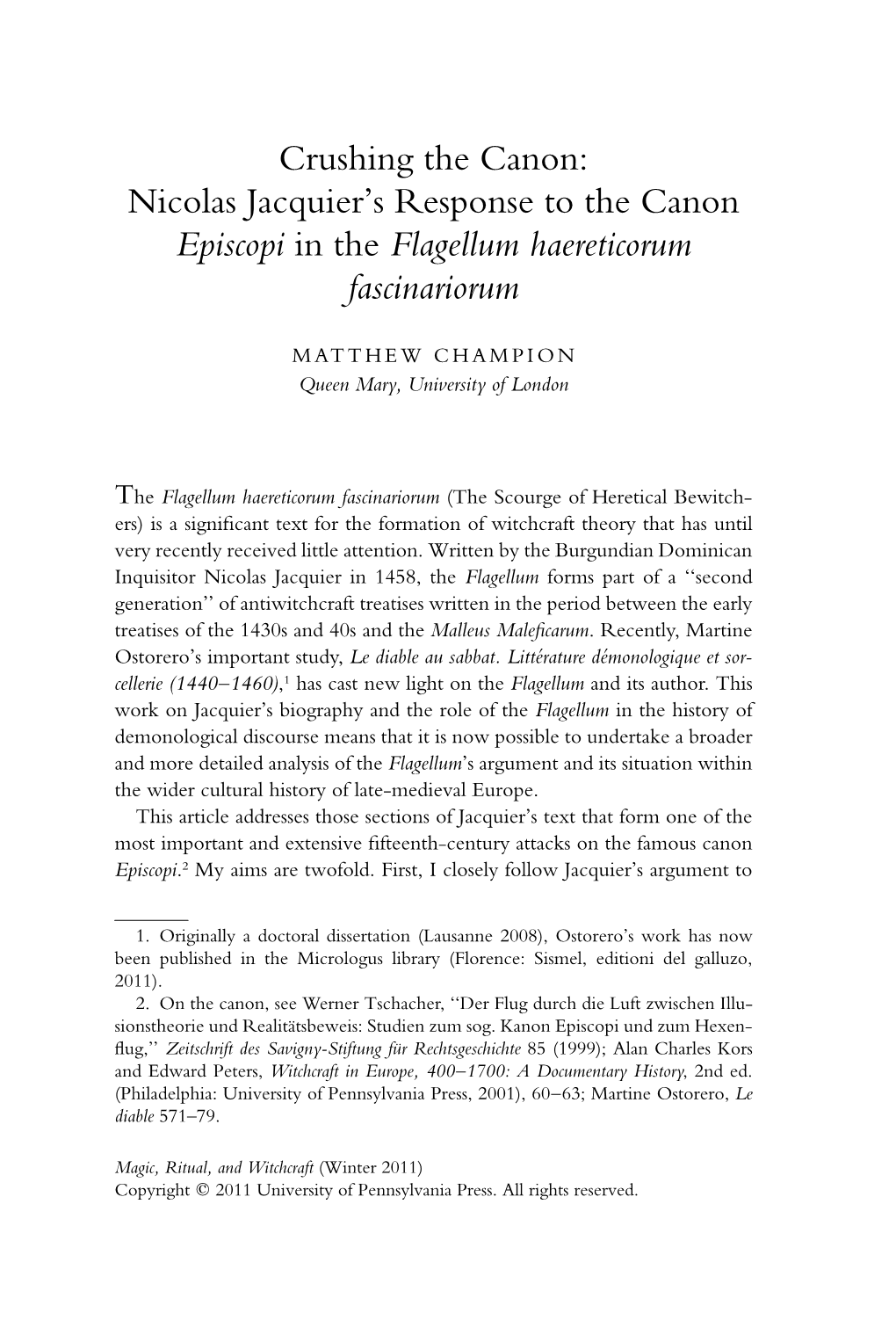 Crushing the Canon: Nicolas Jacquier’S Response to the Canon Episcopi in the Flagellum Haereticorum Fascinariorum