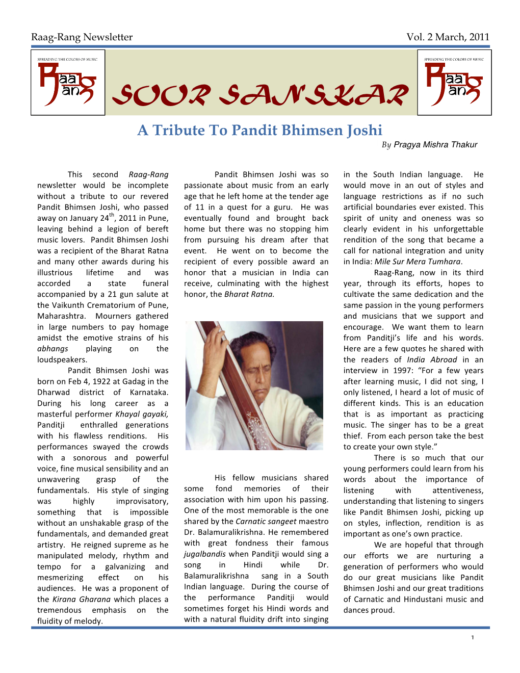 A Tribute to Pandit Bhimsen Joshi Issue,By Pragya Date Mishra Thakur