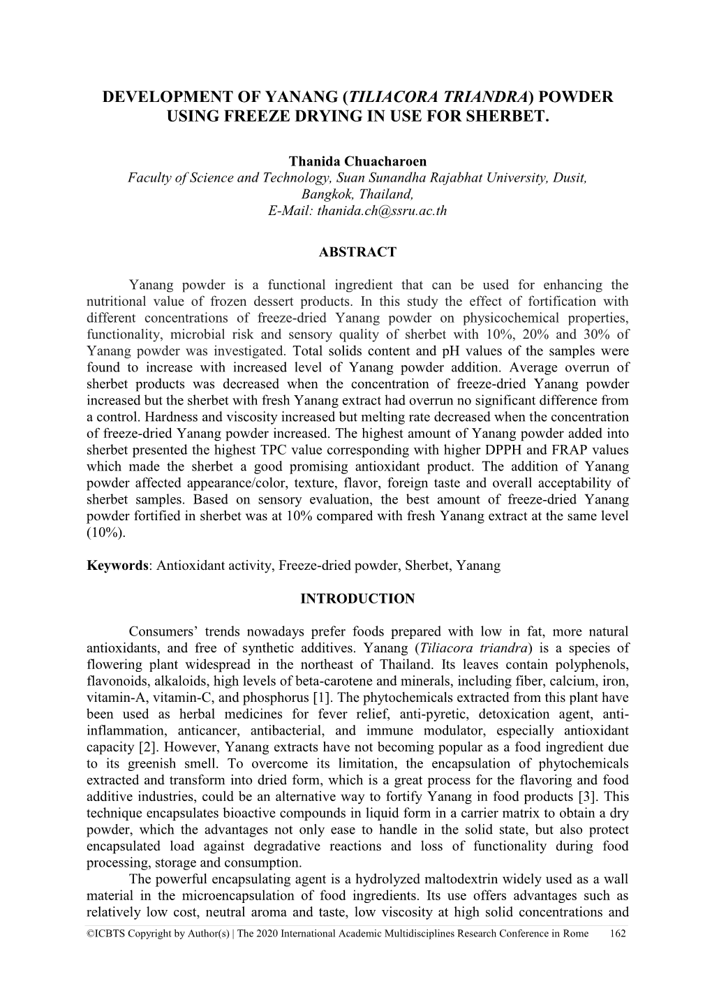 Development of Yanang (Tiliacora Triandra) Powder Using Freeze Drying in Use for Sherbet