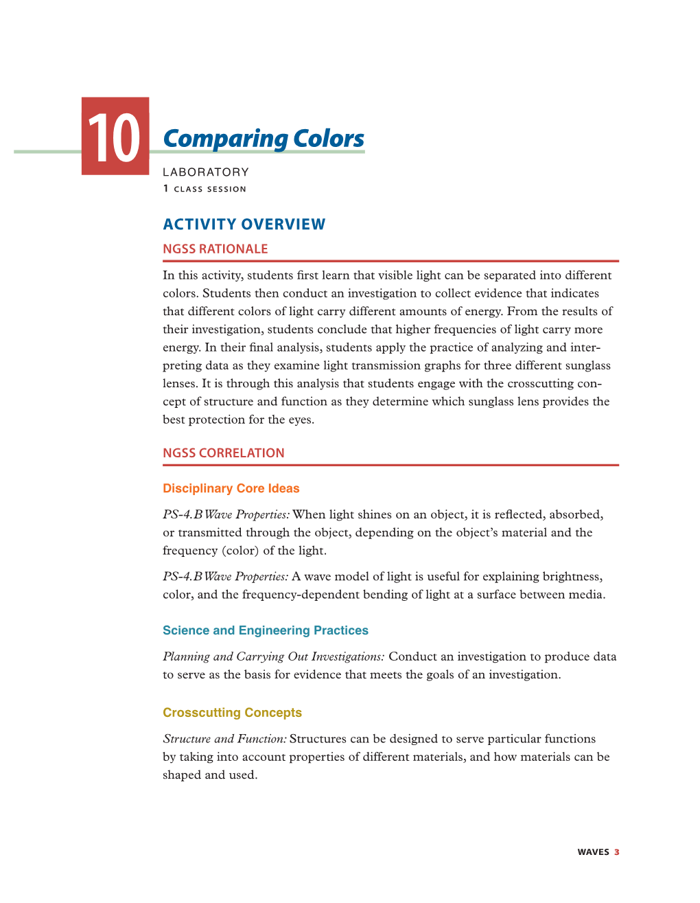 10 Comparing Colors LABORATORY 1 C L a S S S E S S I O N