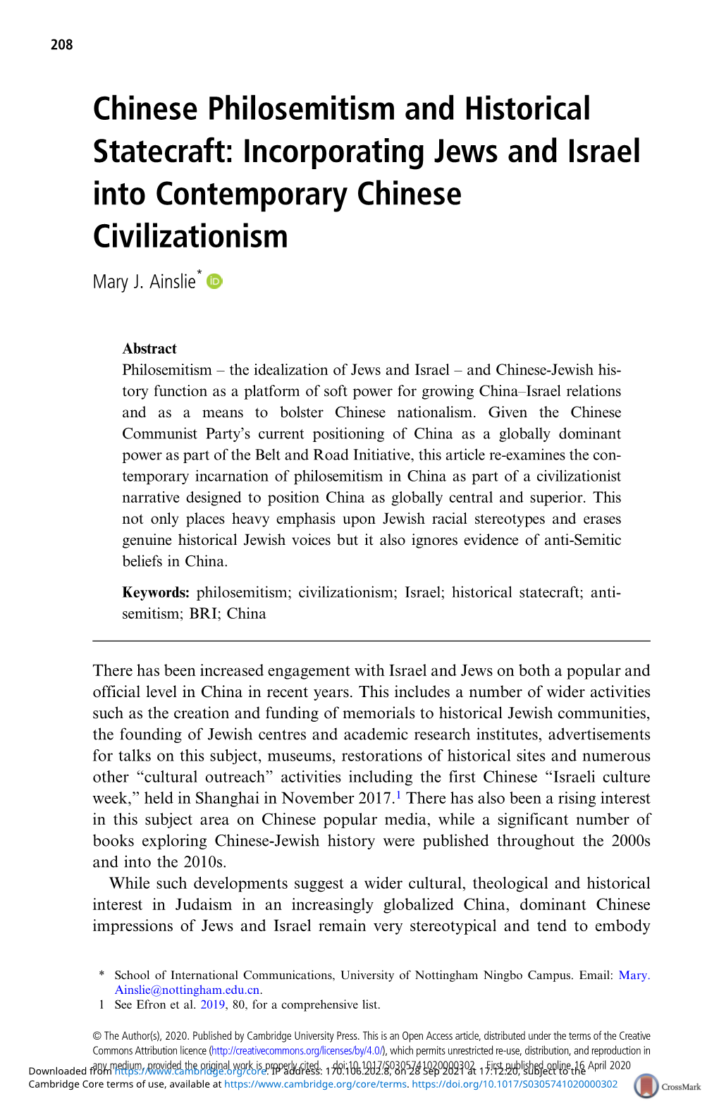 Chinese Philosemitism and Historical Statecraft: Incorporating Jews and Israel Into Contemporary Chinese Civilizationism Mary J