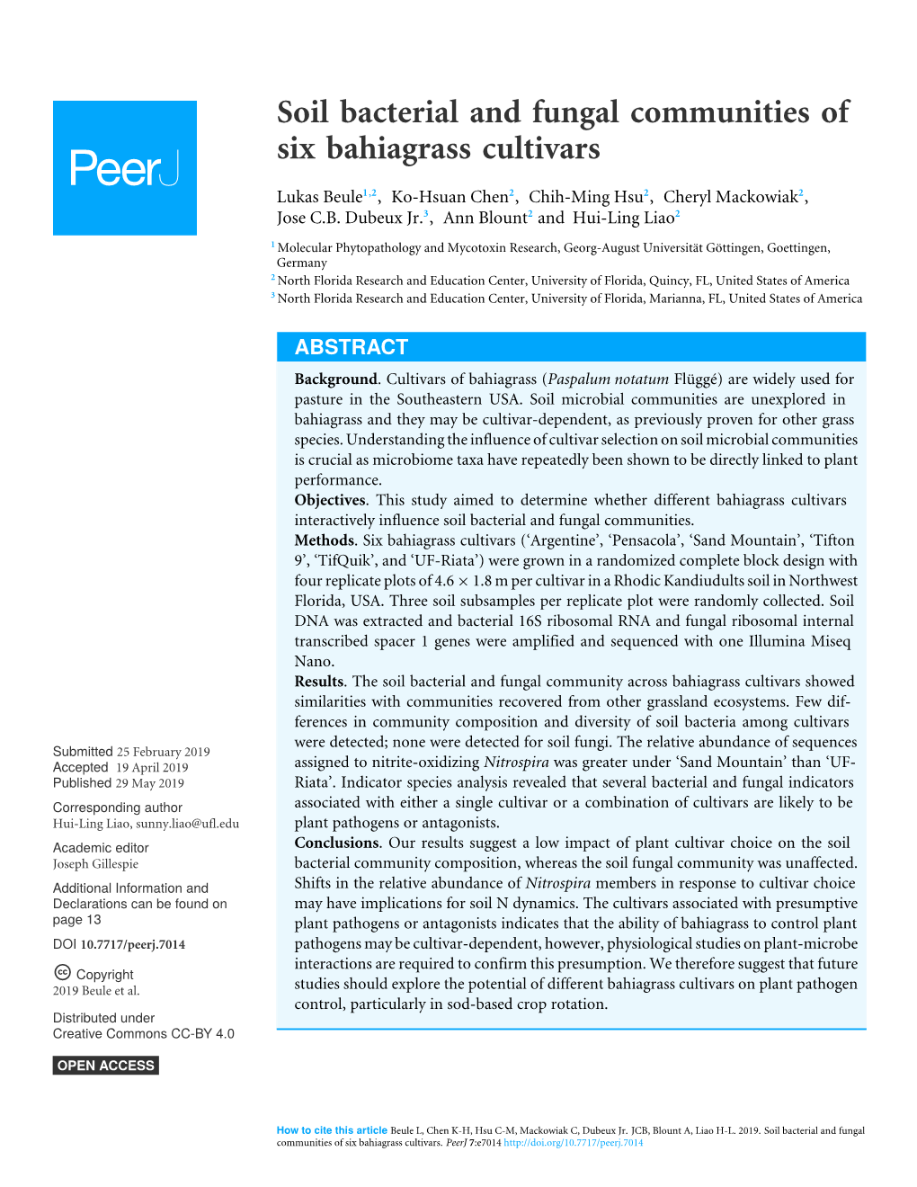 Soil Bacterial and Fungal Communities of Six Bahiagrass Cultivars