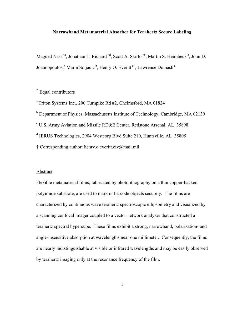 1 Narrowband Metamaterial Absorber for Terahertz Secure Labeling