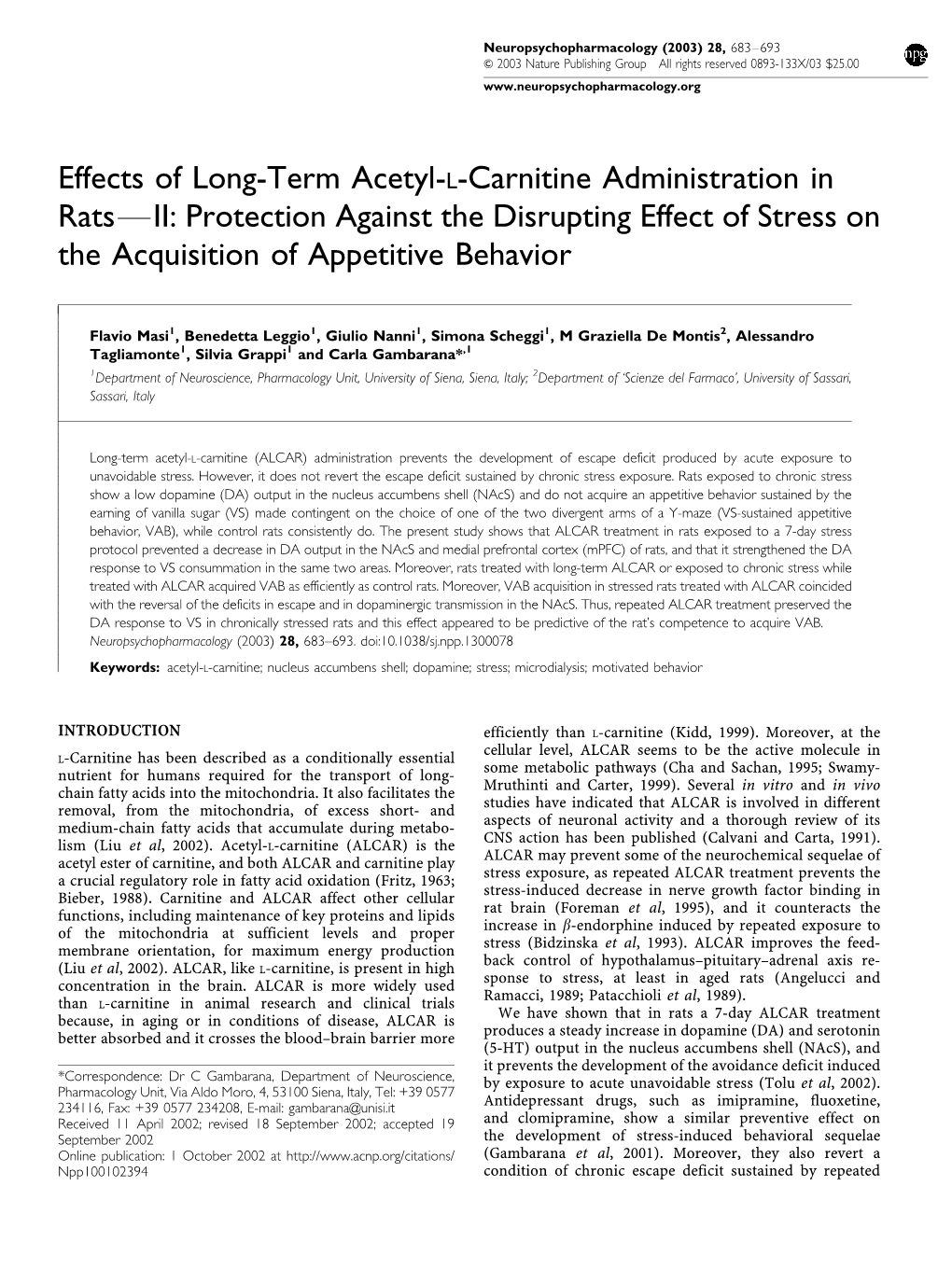 Effects of Long-Term Acetyl-L-Carnitine Administration in Ratsfii: Protection Against the Disrupting Effect of Stress on the Acquisition of Appetitive Behavior