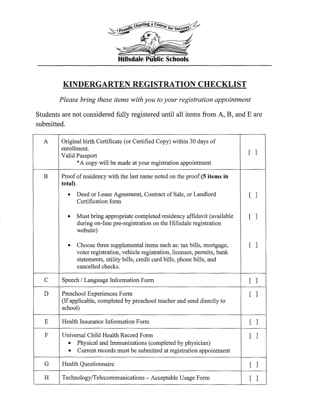 Kindergarten Registration Checklist