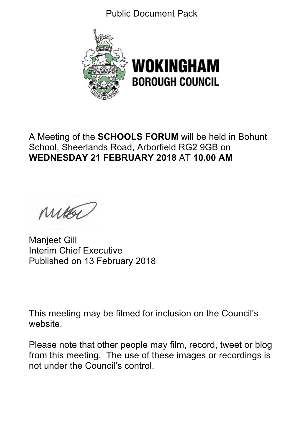 (Public Pack)Agenda Document for Schools Forum, 21/02/2018 10:00