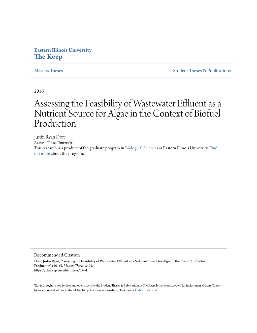 Assessing the Feasibility of Wastewater Effluent As a Nutrient