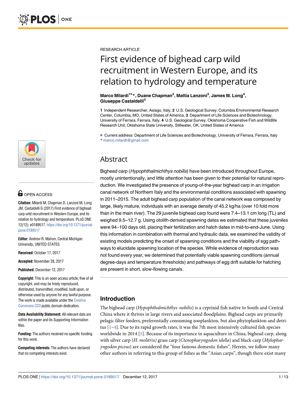 First Evidence of Bighead Carp Wild Recruitment in Western Europe, and Its Relation to Hydrology and Temperature