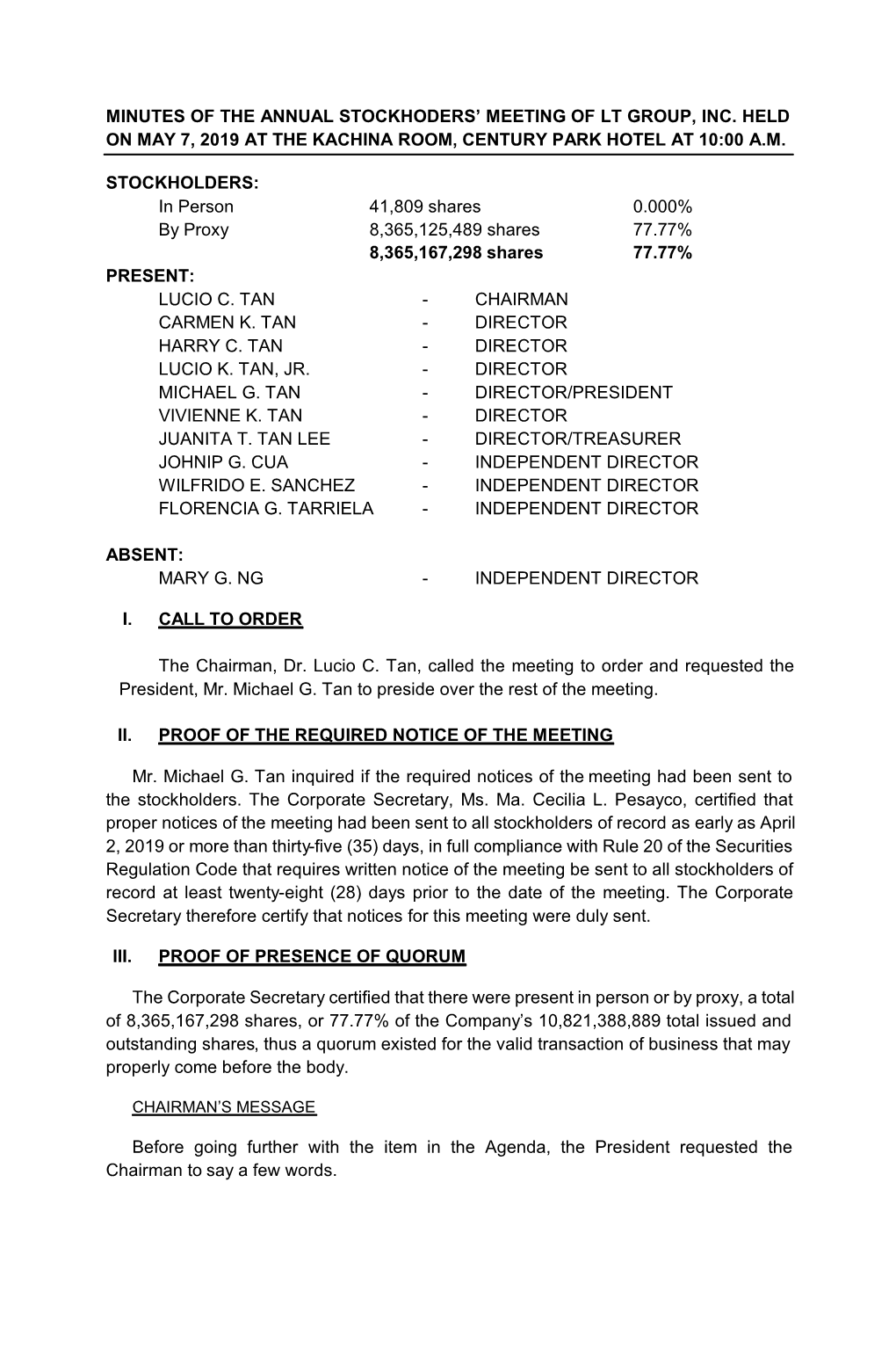 Minutes of the Annual Stockhoders Meeting of Lt