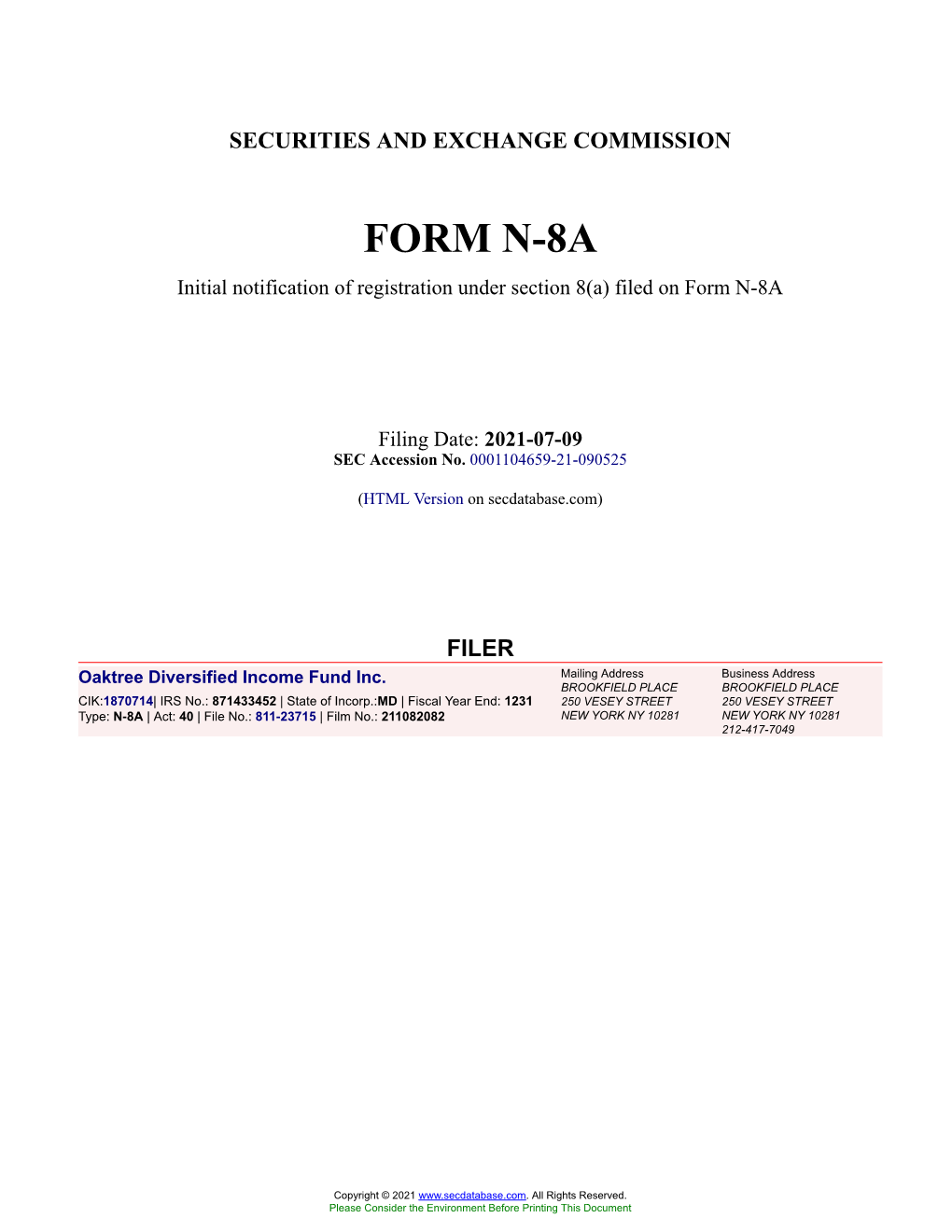 Oaktree Diversified Income Fund Inc. Form N-8A Filed 2021-07-09