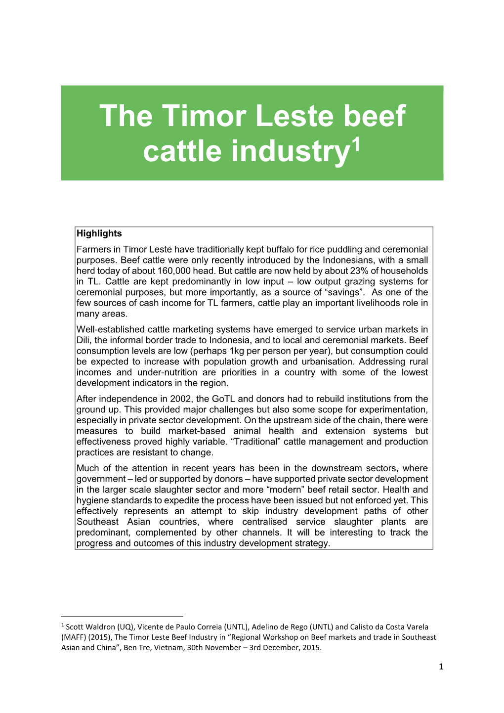 The Timor Leste Beef Cattle Industry1