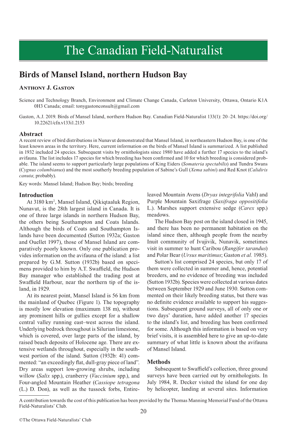 Birds of Mansel Island, Northern Hudson Bay Anthony J