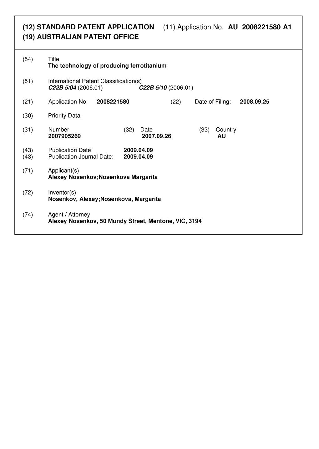 Application No. AU 2008221580 Al (19) AUSTRALIAN PATENT OFFICE