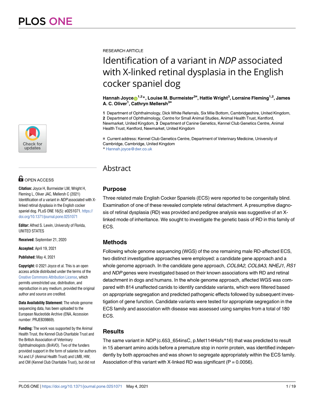 Identification of a Variant in NDP Associated with X-Linked Retinal Dysplasia in the English Cocker Spaniel Dog