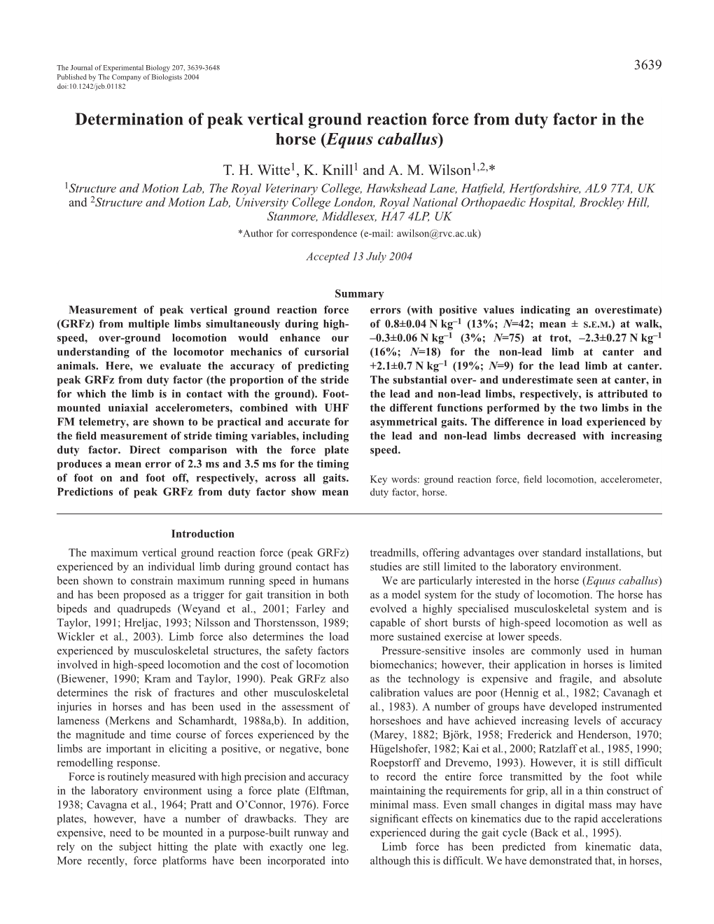 Determination of Peak Vertical Ground Reaction Force from Duty Factor in the Horse (Equus Caballus) T