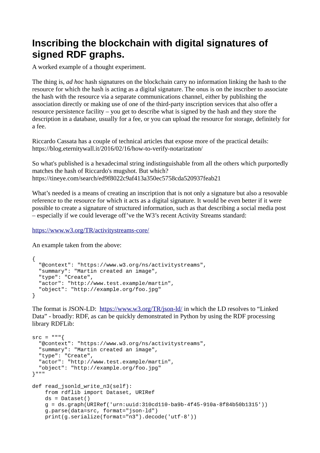 Inscribing the Blockchain with Digital Signatures of Signed RDF Graphs. a Worked Example of a Thought Experiment