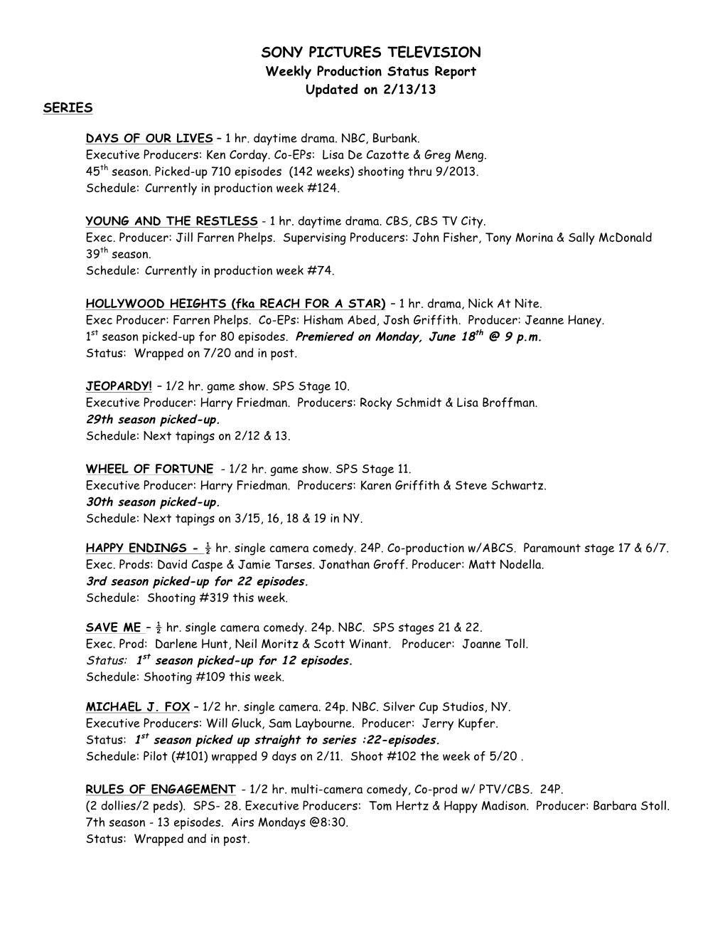 SONY PICTURES TELEVISION Weekly Production Status Report Updated on 2/13/13 SERIES