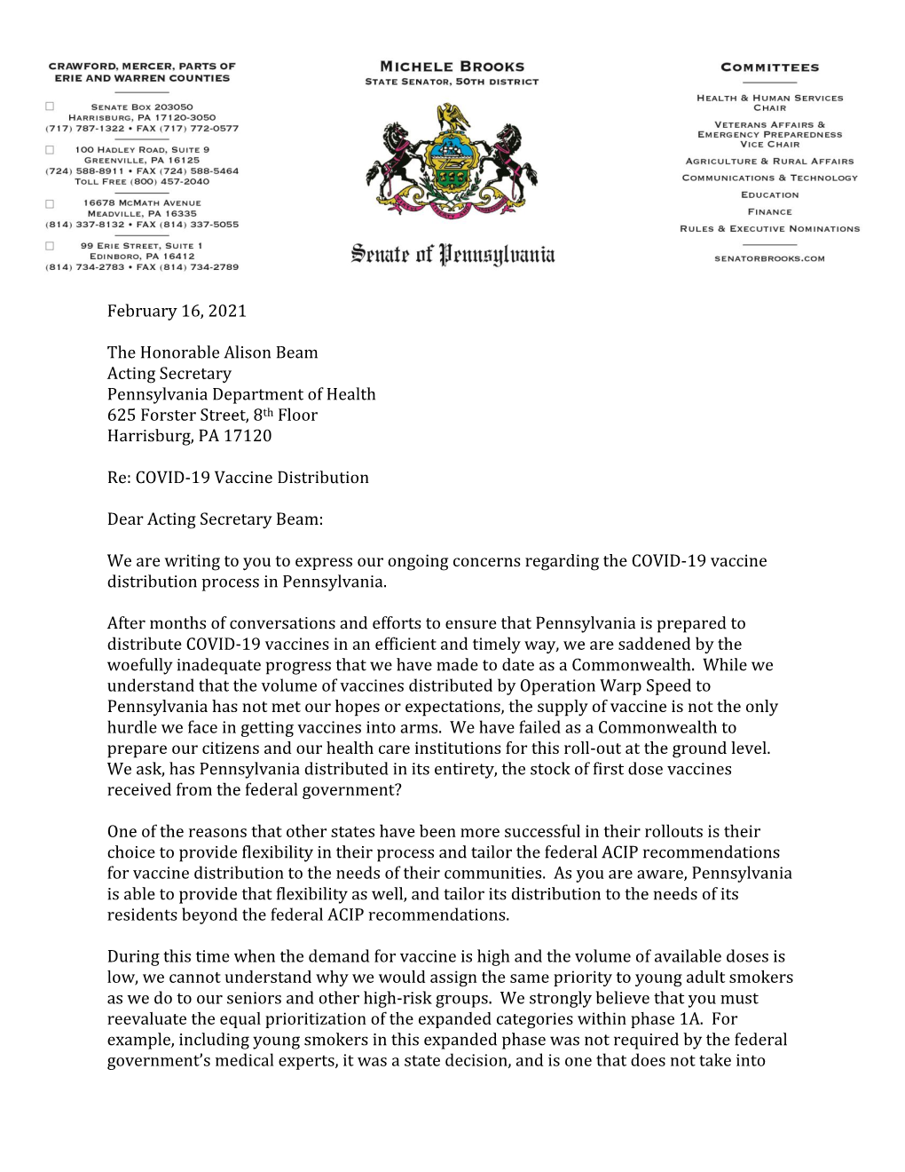 February 16, 2021 the Honorable Alison Beam Acting Secretary Pennsylvania Department of Health 625 Forster Street, 8Th Floor