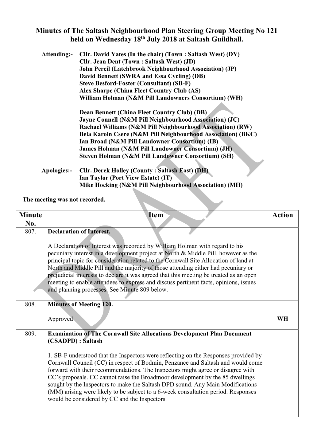 Minutes of the Saltash Neighbourhood Plan Steering Group Meeting No 121 Held on Wednesday 18Th July 2018 at Saltash Guildhall