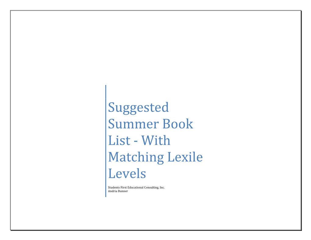 Suggested Summer Book List - with Matching Lexile Levels