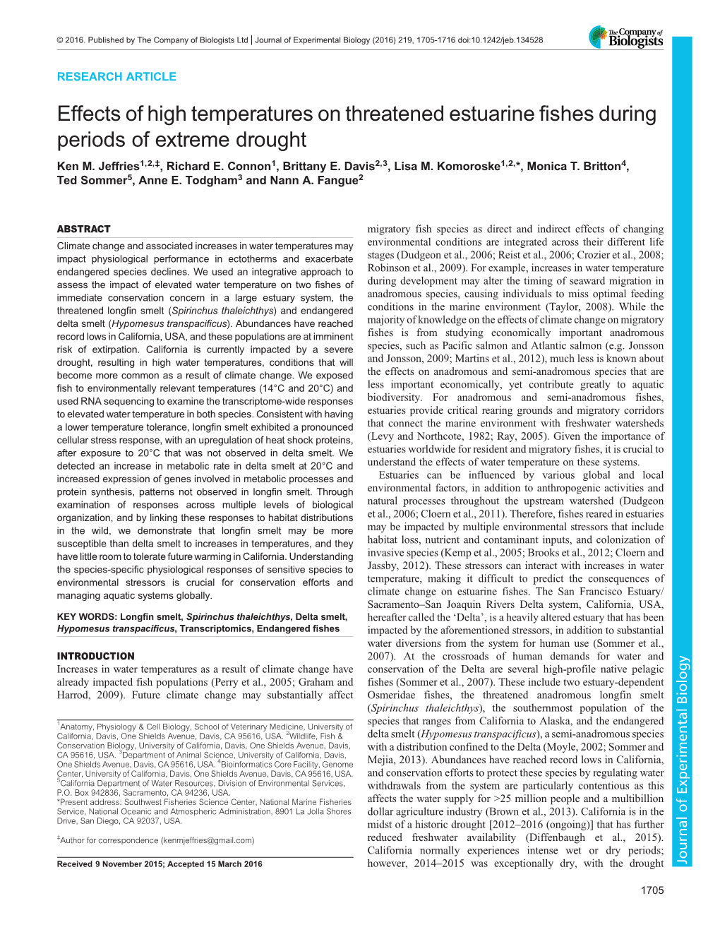 Effects of High Temperatures on Threatened Estuarine Fishes During Periods of Extreme Drought Ken M