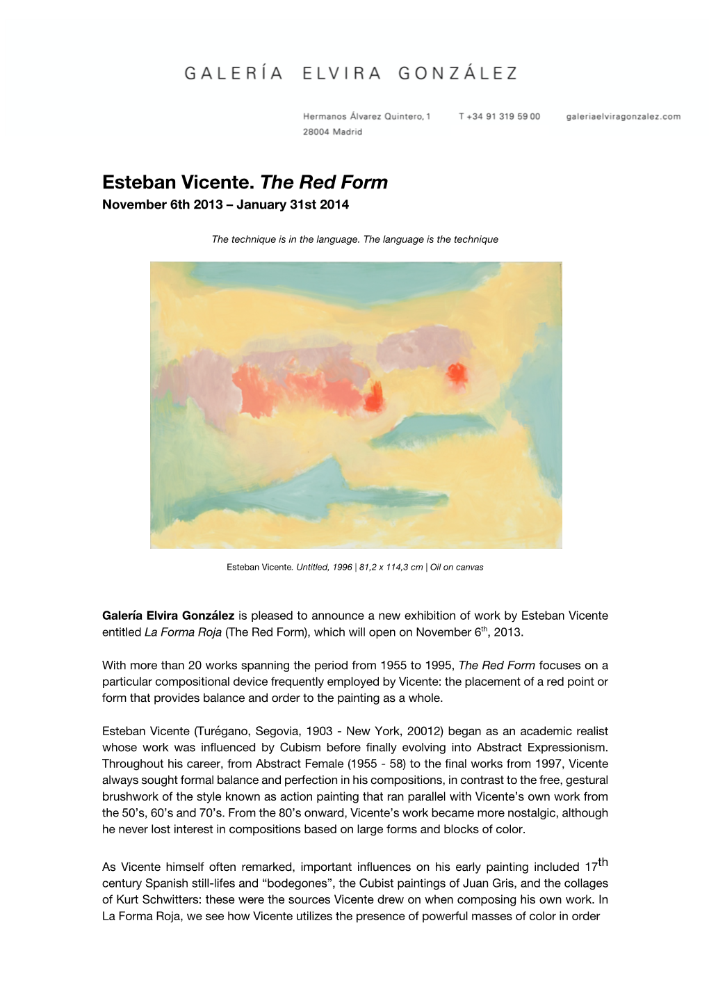 Esteban Vicente. the Red Form November 6Th 2013 – January 31St 2014
