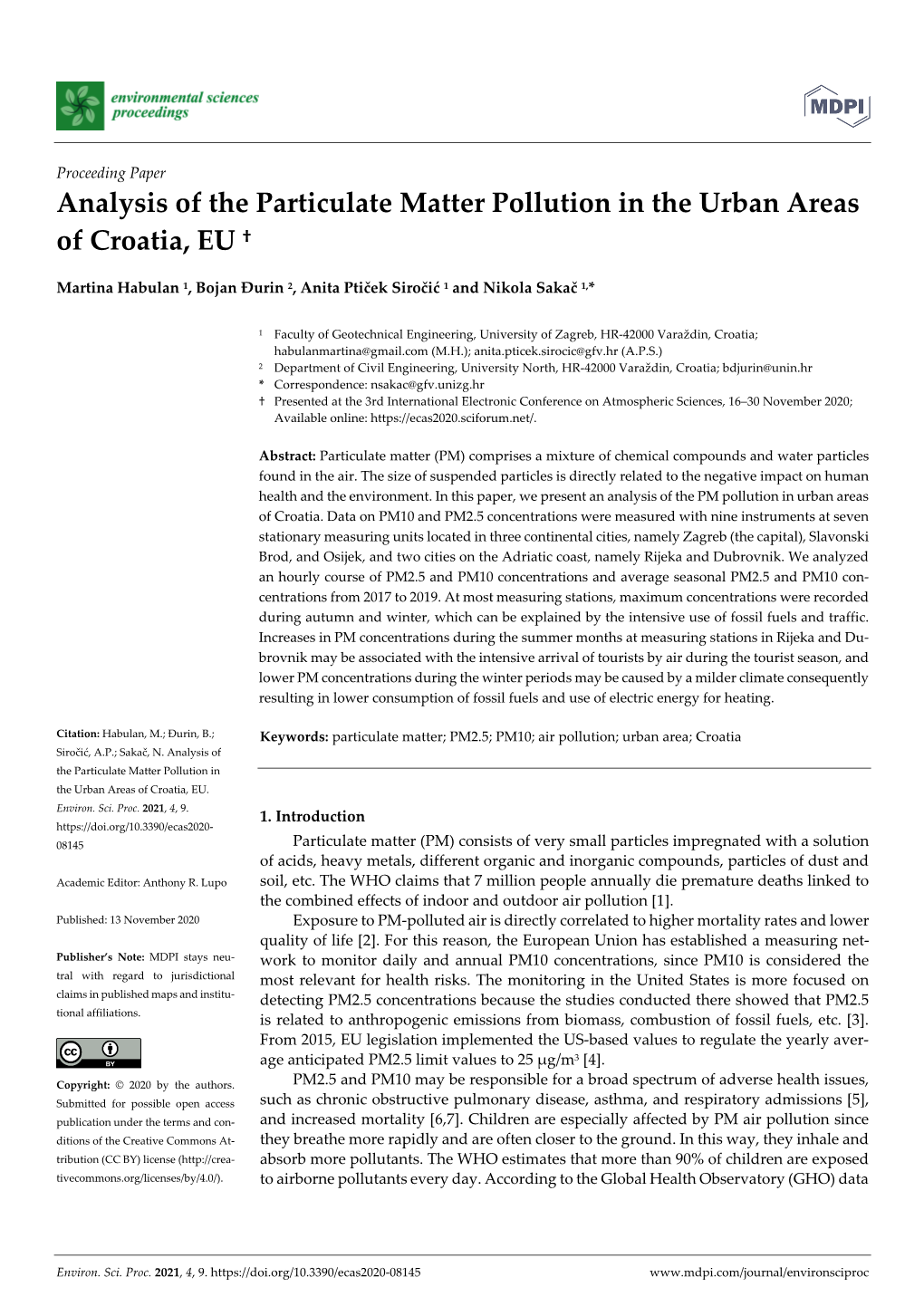 Analysis of the Particulate Matter Pollution in the Urban Areas of Croatia, EU †