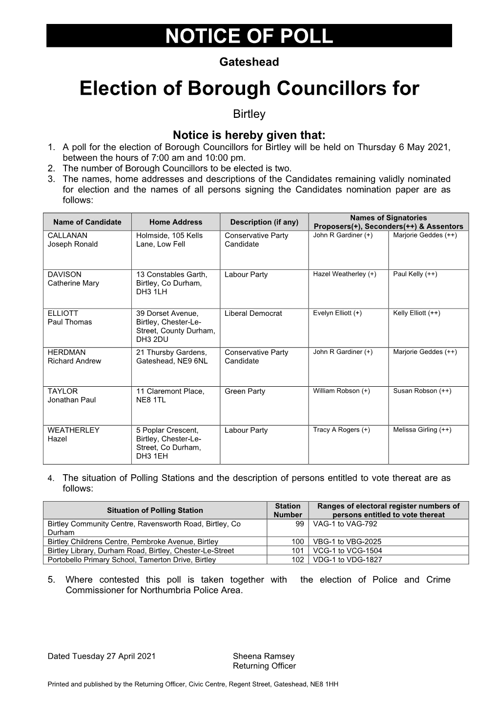 NOTICE of POLL Election of Borough Councillors