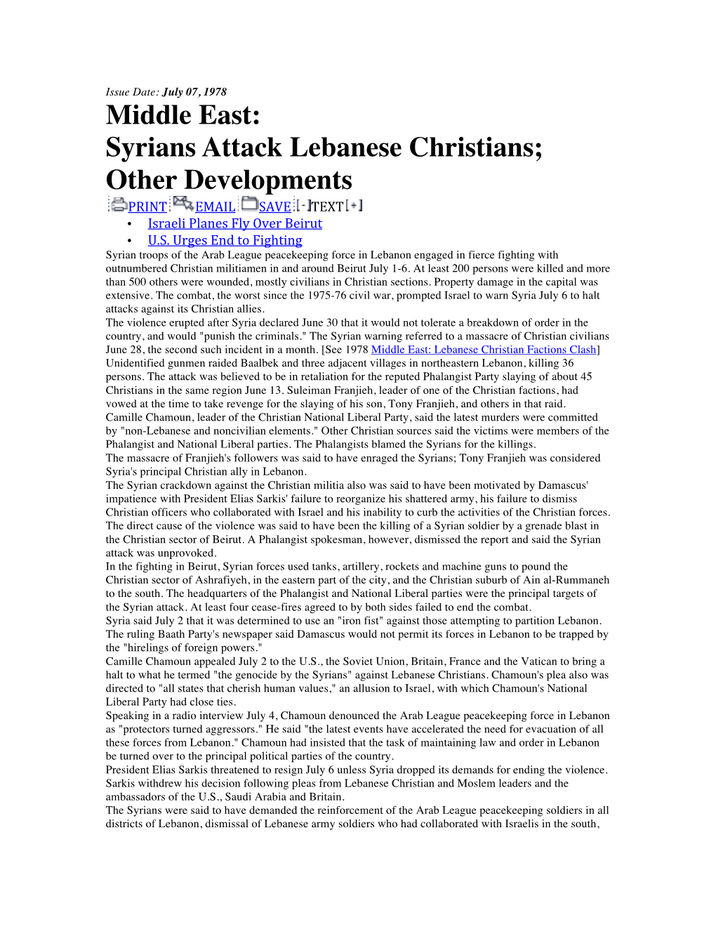 Middle East: Syrians Attack Lebanese Christians; Other Developments PRINT EMAIL SAVE TEXT • Israeli Planes Fly Over Beirut • U.S