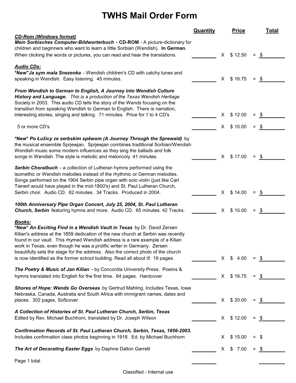 TWHS Mail Order Form