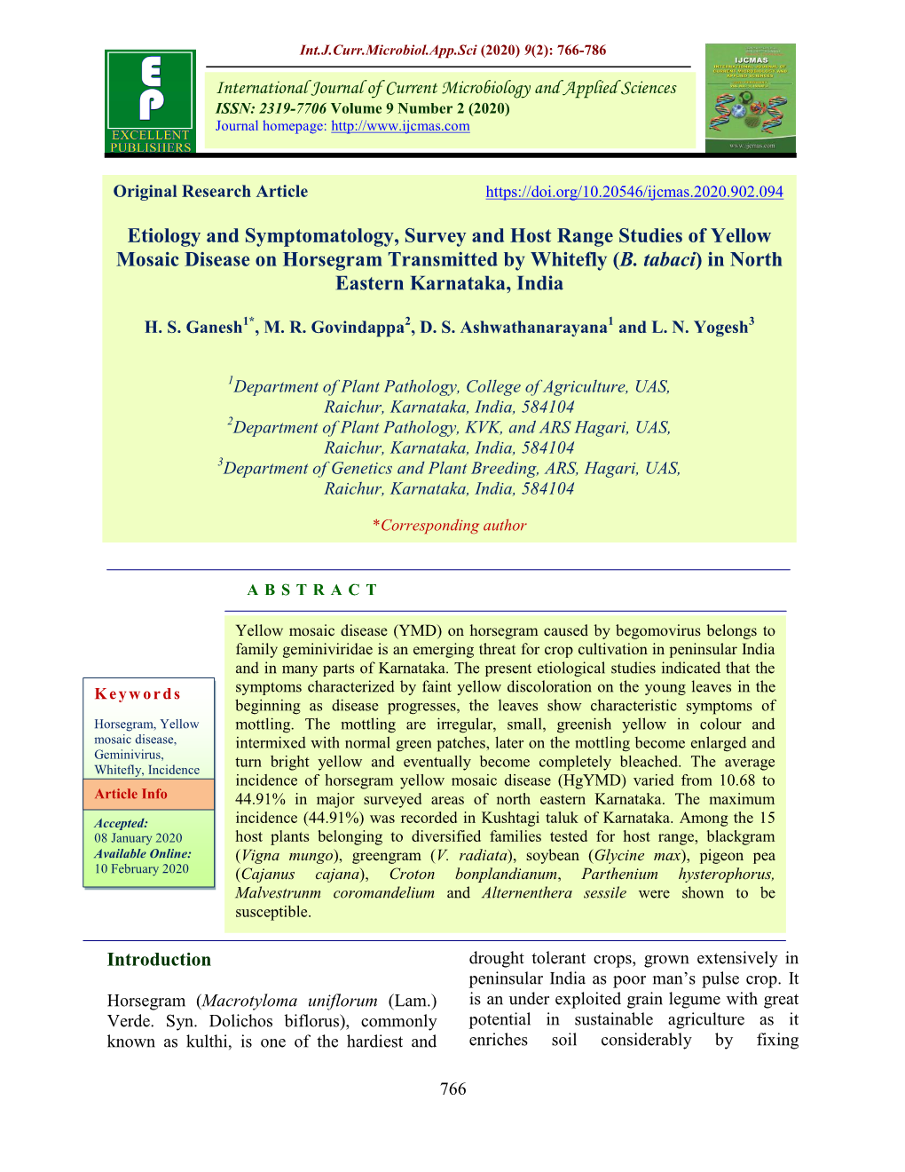 Etiology and Symptomatology, Survey and Host Range Studies of Yellow Mosaic Disease on Horsegram Transmitted by Whitefly (B